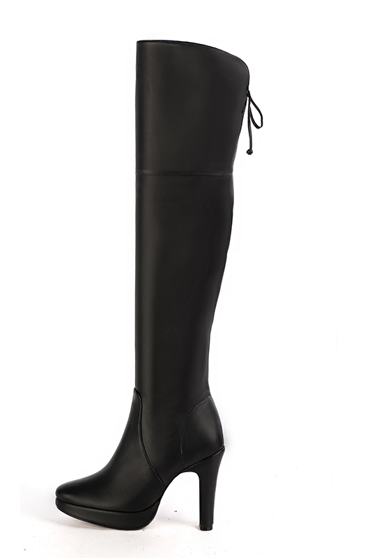 Satin black women's leather thigh-high boots. Round toe. Very high slim heel with a platform at the front. Made to measure. Profile view - Florence KOOIJMAN